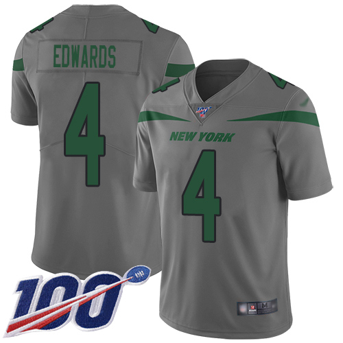 New York Jets Limited Gray Youth Lac Edwards Jersey NFL Football #4 100th Season Inverted Legend